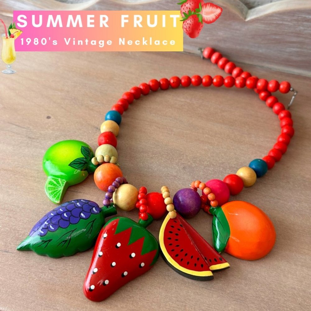 Vintage 80’s Chunky Wooden Hand Painted Fruit Dangle Beaded Necklace 22”